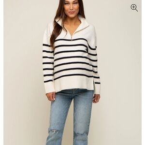 Ivory Striped Half Zip Maternity Sweater
